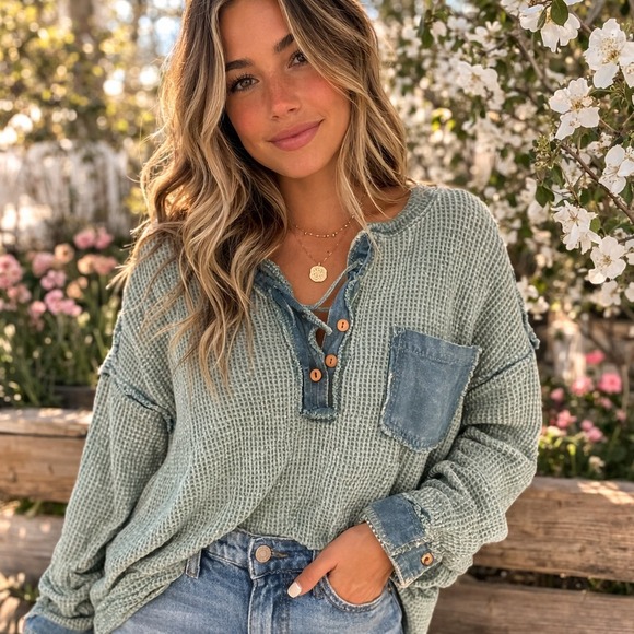 white birch Tops - Womens Sage Green Beachy Lightweight Waffle Knit Henley Hoodie Indie Oversized